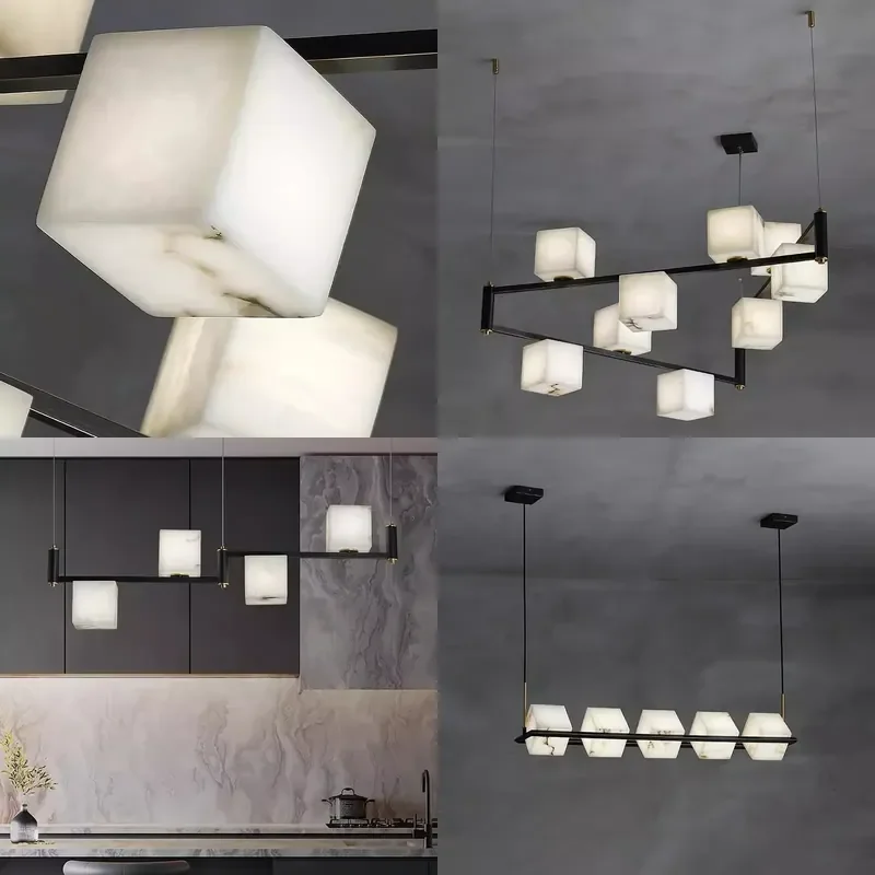 Modern Rectangular Marble Chandelier Creative Pendant Light for Study Dining Room Bar Tea House Simple Ceiling Lamp