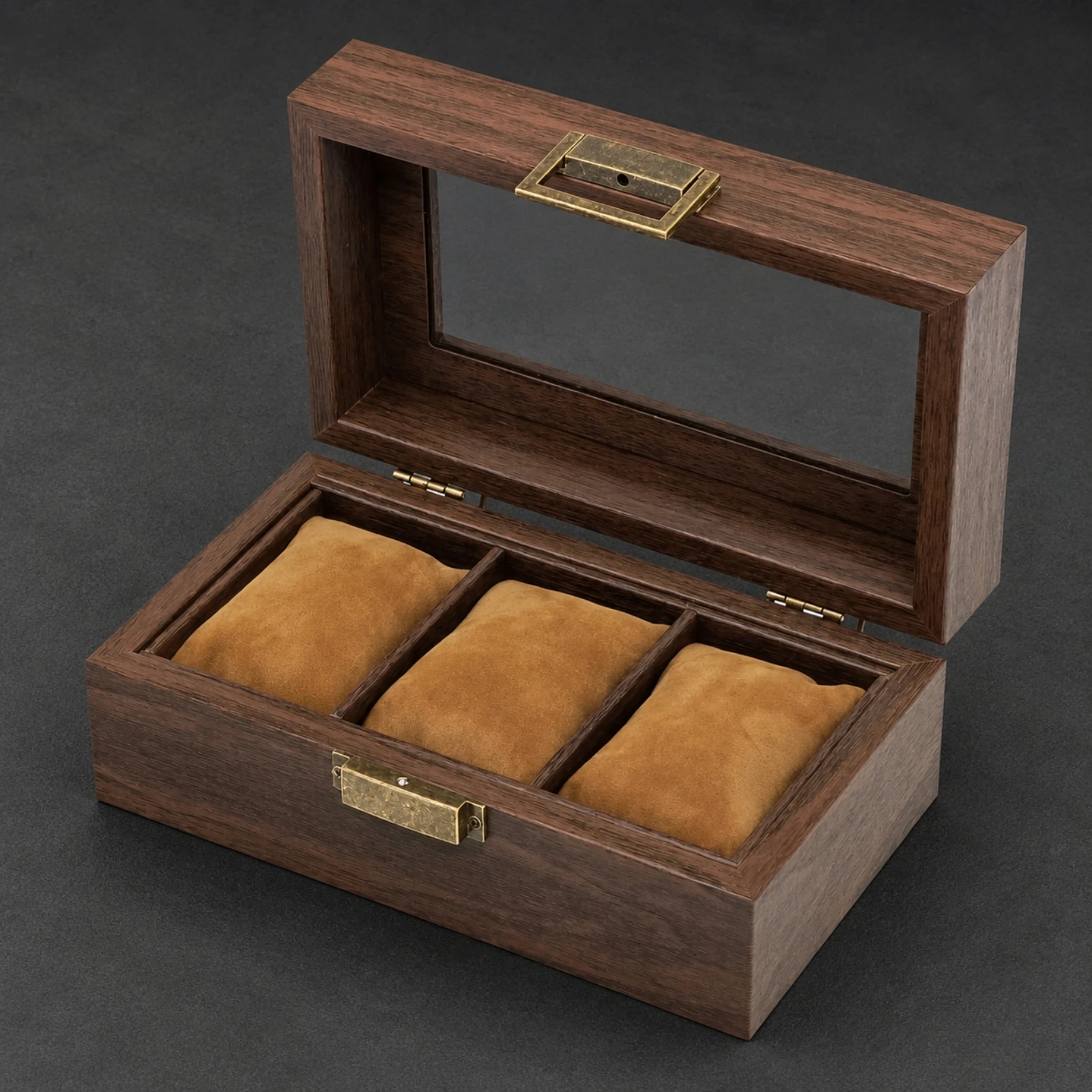 3 Pieces Wood-Grain Watch Box with Glass Lid Compact Vintage Watch Case with Divided Compartments Sturdy Rustic for Dresser