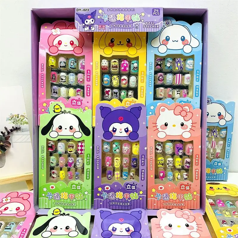 

24pcs Sanrio Diy Decorative Nail Sticker Children'S Makeup Comes With Adhesive Back Nail Set Girl Dress Up Kawaii Girl Gift Toys