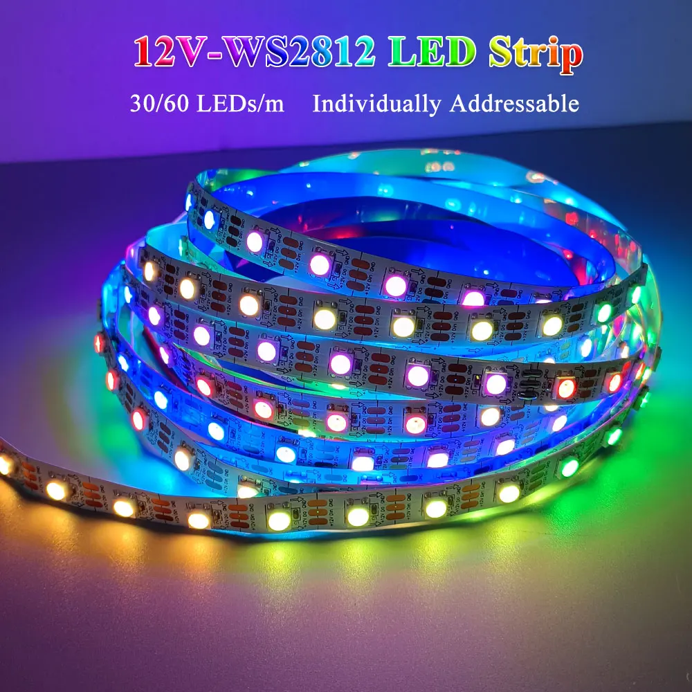

WS2812B 5050 Светодиодная лента RGB, 12 В постоянного тока, индивидуальная адресация, 3 контакта, черный/белый, 10 мм, ширина печатной платы, 30/60 светодиодов/м, IP30, 0,5 м-5 м