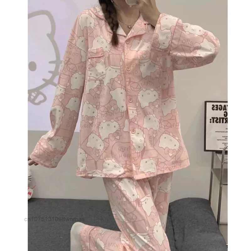 Sanrio Cute Hello Kitty Pink 2 Pcs Pajamas Set Women\'s Spring and Autumn Long Sleeved New Cartoon Casual Home Sleepwear Suit