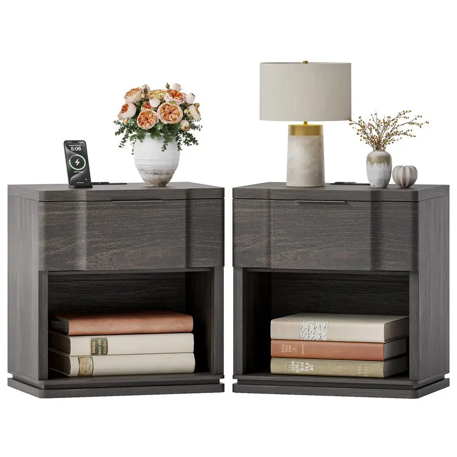 Set of 2 with Charging Station, Wood Curved Night Stand Bedside Table with Storage Shelf amp Drawer, Large Mid Century Modern Ac