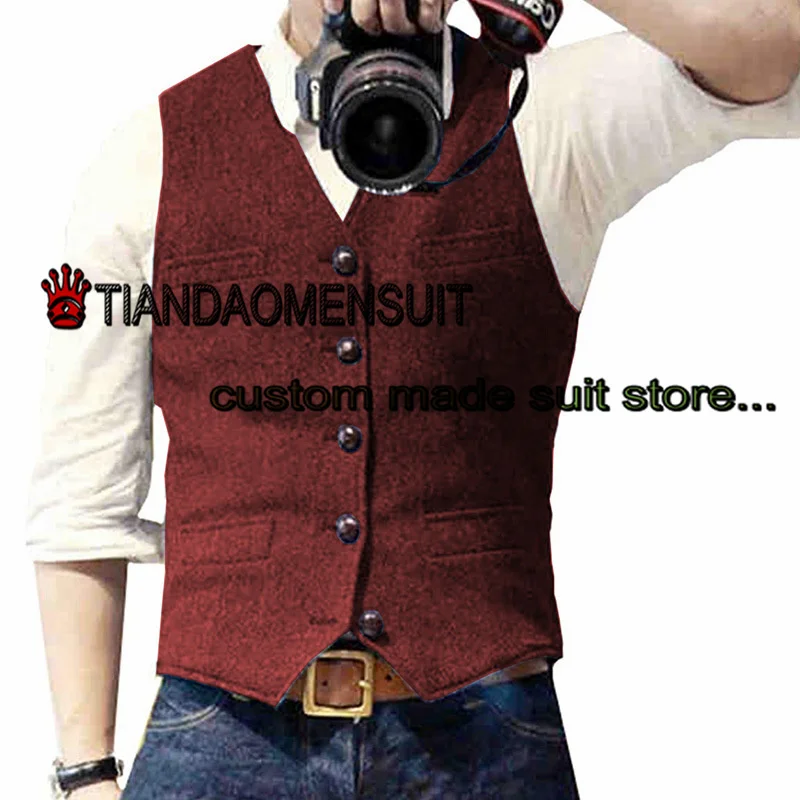 

Men's Vest V-Neck Sleeveless Jacket Herringbone Wool Slim Fit Waistcoat Formal Steampunk Coat سترات بدون أكمام