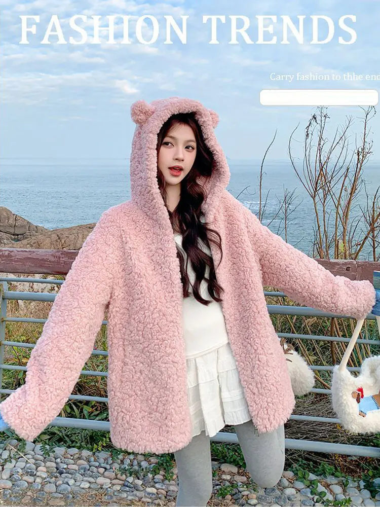 Pink Hooded Faux Lambhair Winter Jacket Women's New Style Fashion Loose And Thick Warm Women Coat Casual Cute Mid-length Jacket