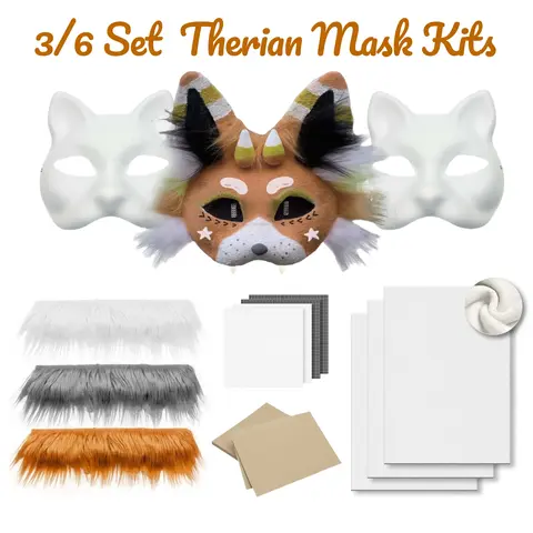 3/6 ensemble bricolage Therian masque Kit demi visage peint à la main chat masque bricolage masques blanc chat masque pour carnaval mascarade Cosplay fête