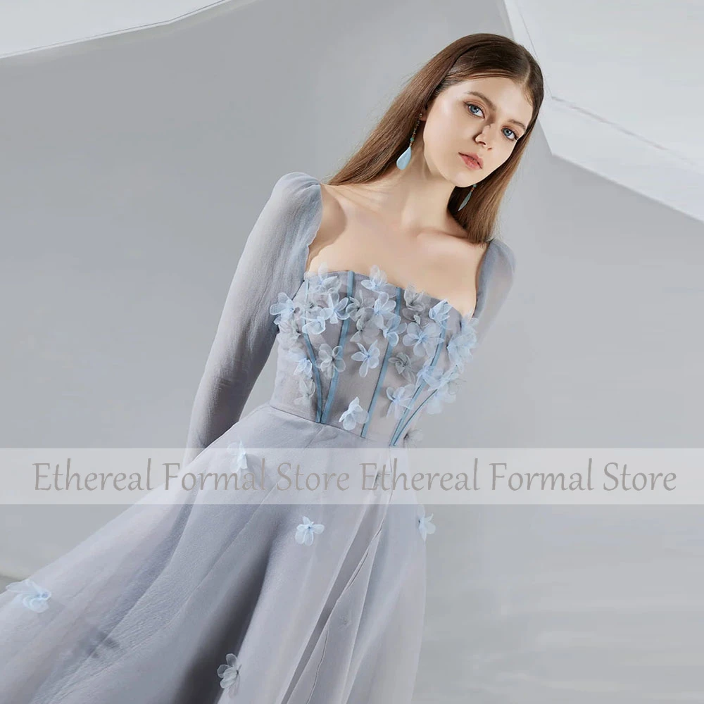 فستان سهرة من Beauty Organza بياقة مربعة على شكل حرف A فستان سهرة نسائي لحفلات الزفاف بطول الكاحل وأكمام طويلة فساتين رسمية