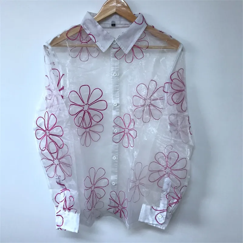 

Flower-embroidered perspective Organza show fashion men's clothing personality fold wear modelling shirt