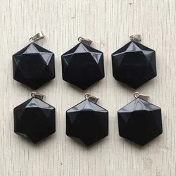 Fashion Natural black obsidian stone Faceted hexagon pendants for diy Necklace Jewelry making Wholesale 6pcs/lot free shipping