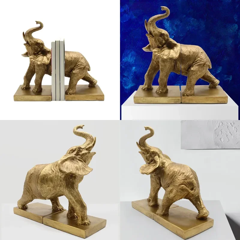 Golden Elephant Bookend Ornament Animal Bookends for Entrance Living Room Home Office TV Cabinet Decor Crafts