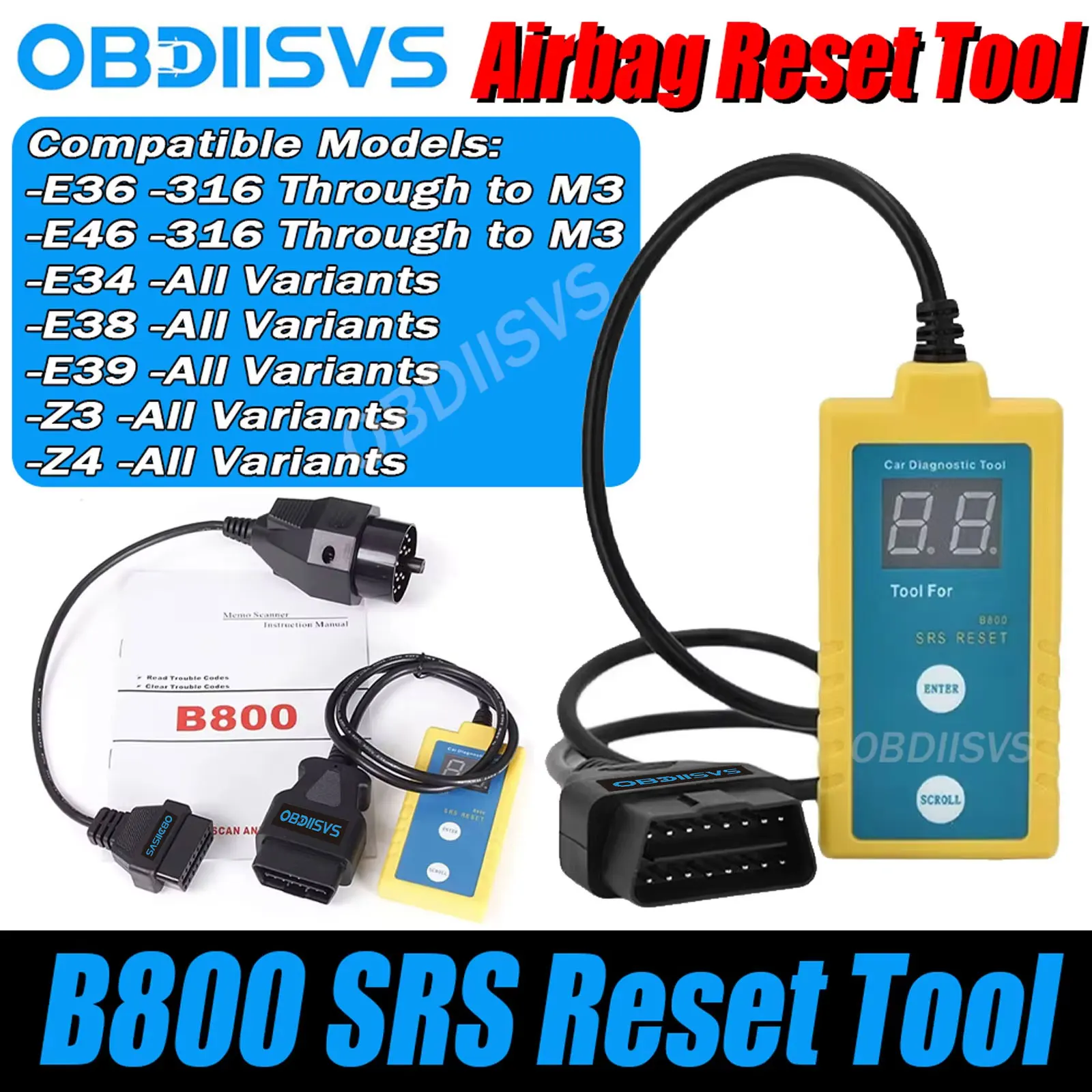

Airbag Reset Tool For E36 E46 E34 E38 E39 Z3 Z4 X5 Vehicle OBDII Error Code Remover SRS Diagnostic Tool B800 Airbag Reset Tool