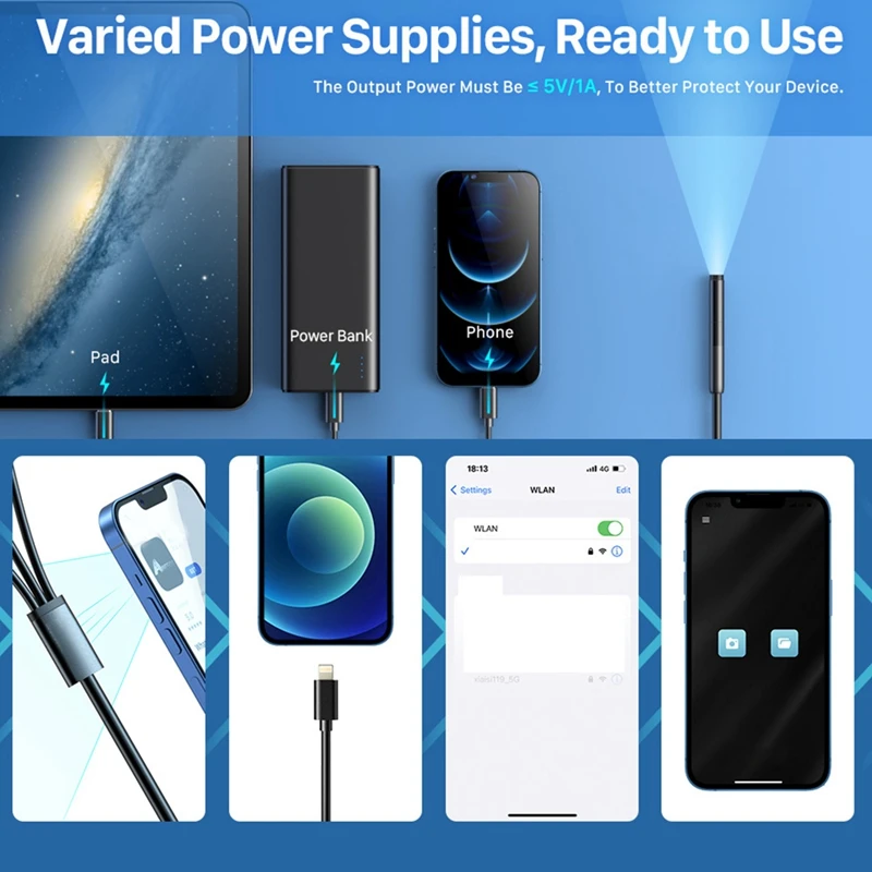 Copper Core Wireless Endoscope Wi-Fi Industrial Borescope With 6 LED Lights, 3 In 1 USB Camera,Waterproof IP67 Inspection Camera