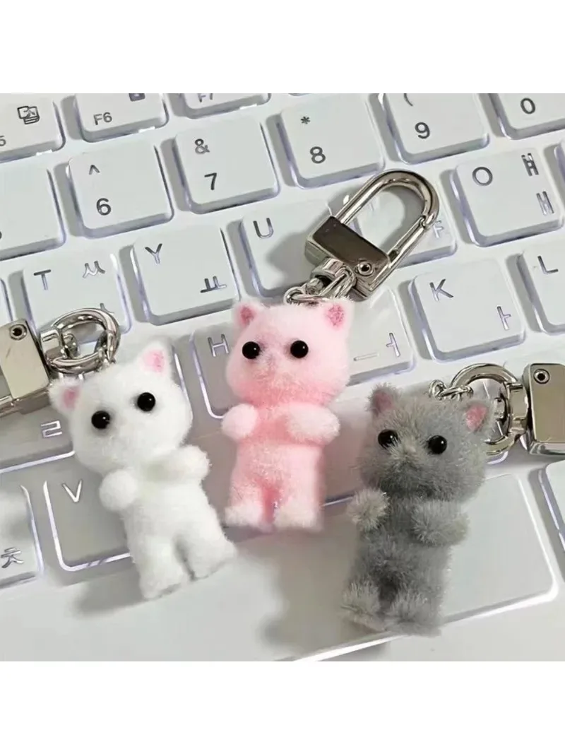 Cute 3D Flocking Kitten Keychain Simulation Animal Hobby Cartoon Doll Girl Keyring Car Bag Purse Phones Pendant Key Ring Gift* view 2
