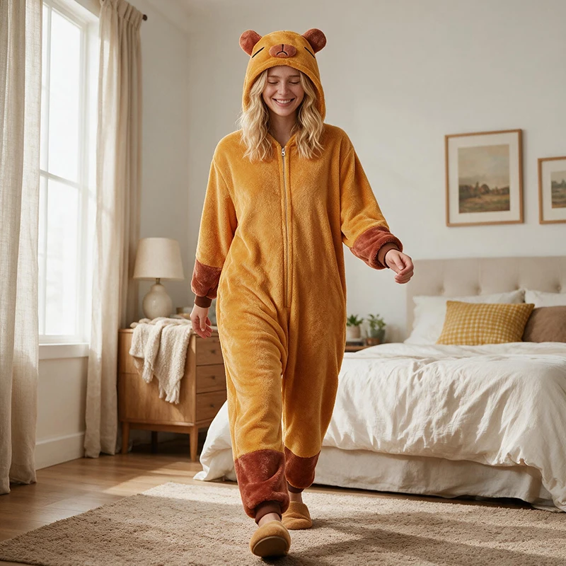 Winter Kapi Bala Flannel Animal Home Clothes Jumpsuit Pajamas Cartoon Couple Cute Women's Sleepwear Homewear Student Nightwear