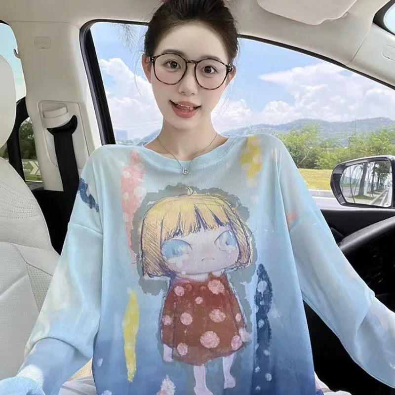 Womens Art Painting Print Mesh Long Sleeve Cover Up Loose Sheer Sun Protection T Shirt Beach Swimsuit Blouse