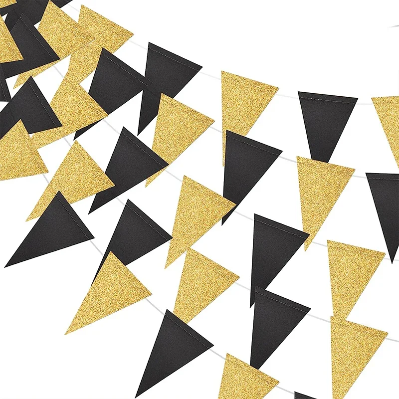 Birthday, Wedding, Graduation Party Black Gold Triangle Flag Party Background Banner Decoration