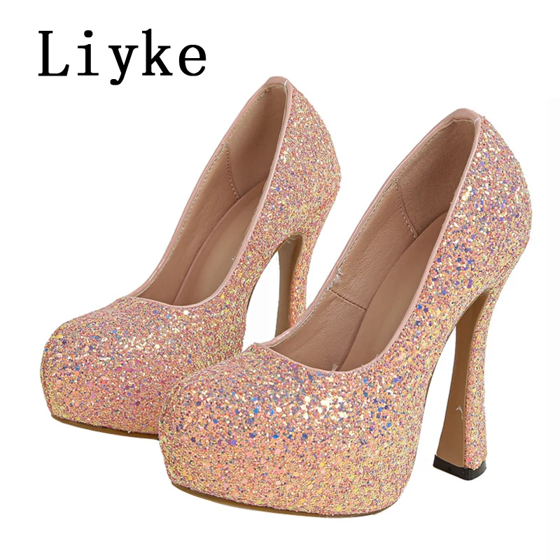 Liyke Fashion Round Toe Sequined Cloth Women Pumps Platform High Heels Design Glitter Sexy Wedding Femme Female Party Shoes