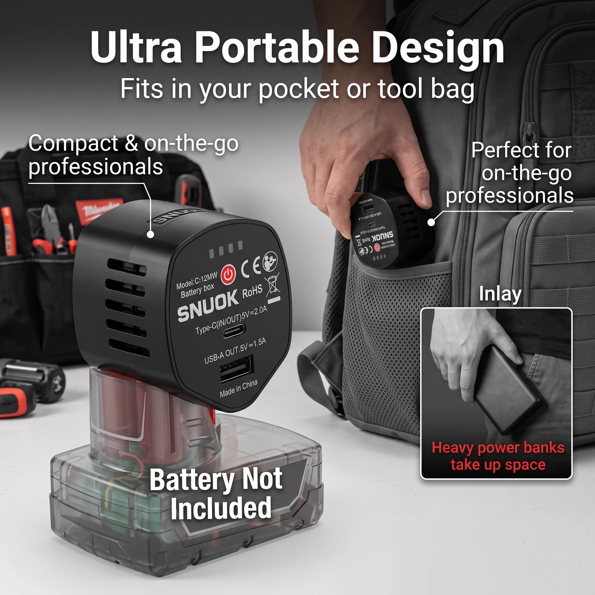 SNUOK 10.8-12V battery pack TypeC fast charging suitable for power tool lithium batteries, camping outdoor mobile phone charging