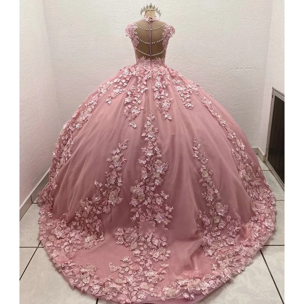 Pink Puffy Quinceanera Dresses Ball Gown V-neck Tulle Appliques Flowers Pearls Mexican Sweet 16 Dresses 15 Anos