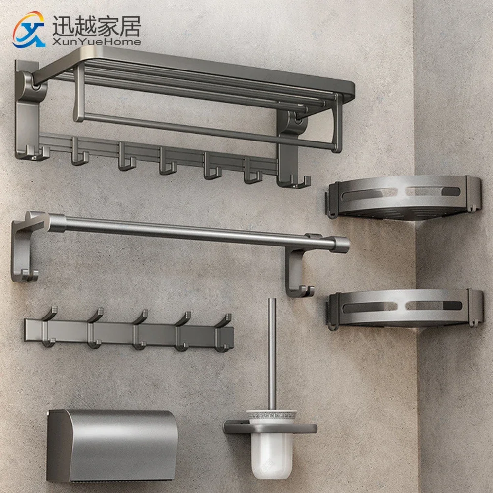 Bath Hardware Sets Gun Gray Aluminum Gunmetal Towel Rack Hanger Hook Bathroom Bars Rail Tissue Paper Holder Toilet Brush Shelves