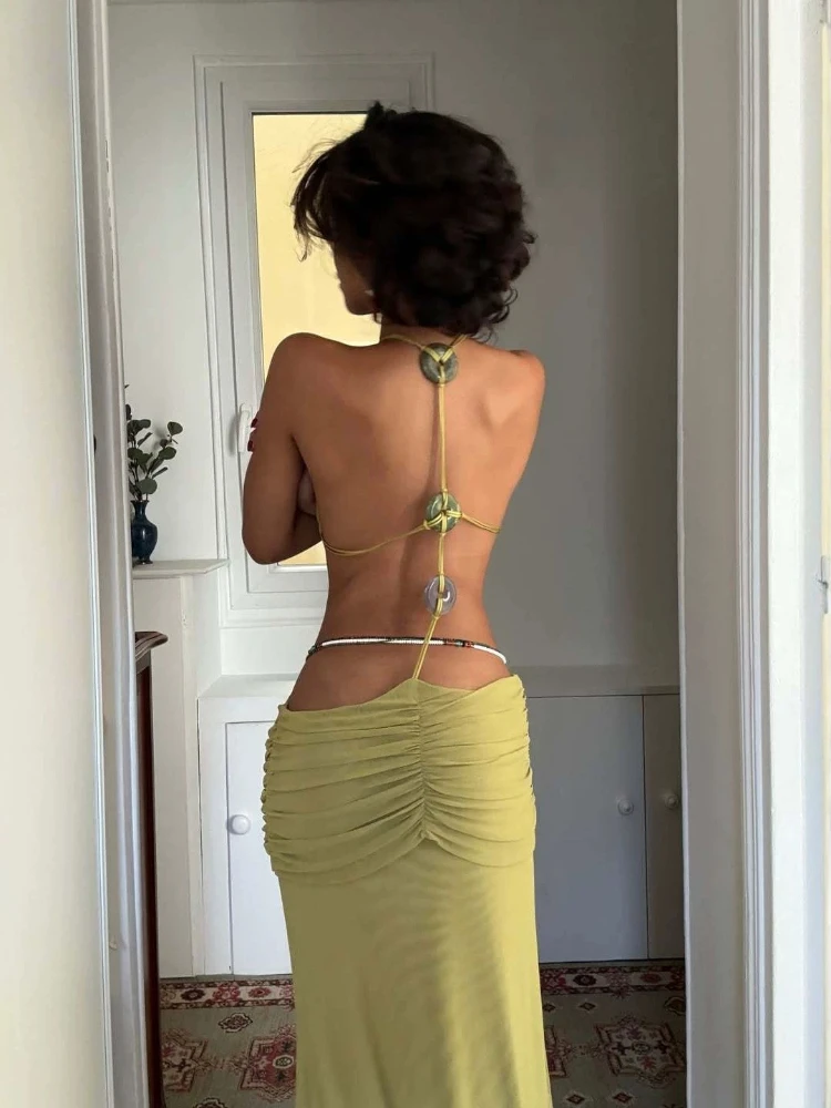 New Bohemian Neck Hanging Bead Sexy Open Waist Sleeveless Drawstring Pleated Slimming Beach Vacation Solid Color Long Dress