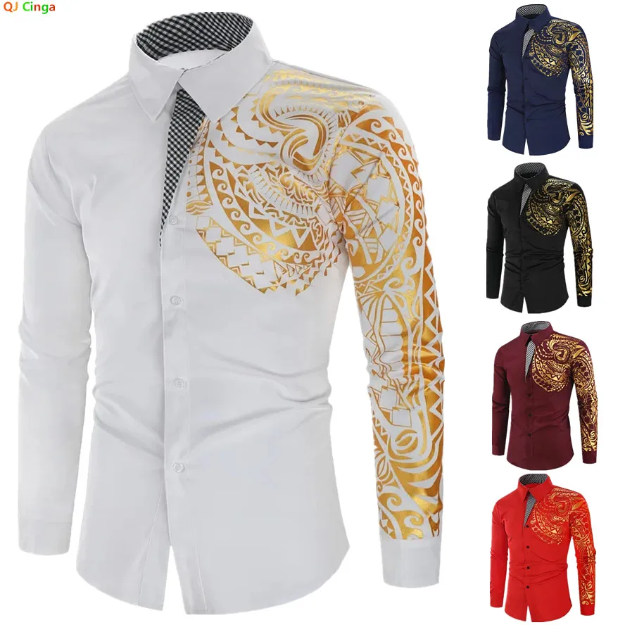 2026 Men's Brand Shirt, Luxury Gold High Quality Long Sleeve Shirts, Business White Black Men Dress Prom Social Print Shirts