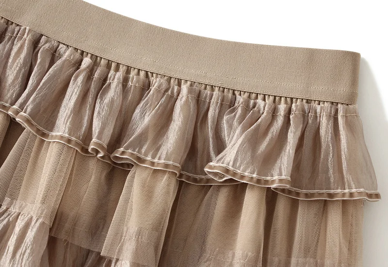 Süßer, bauschiger Tüll-Midirock für Damen, hohe Taille, gestufte Rüschen, A-Linie, süßer Stil, für Hochzeitsgäste, Einheitsgröße, Polyester – Detail 12