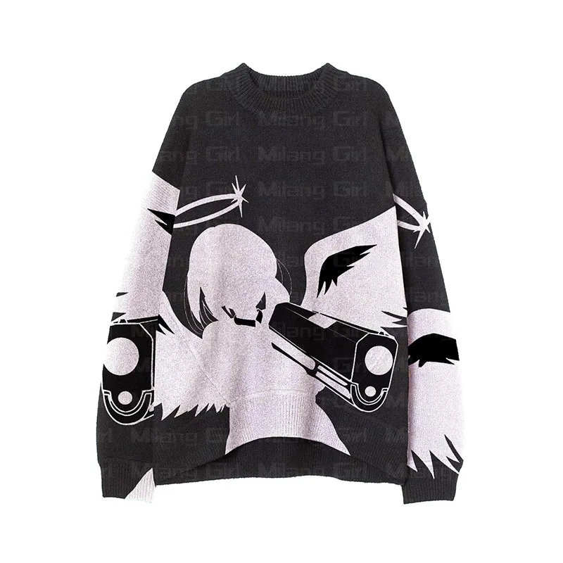 Mens Hip Hop Streetwear Harajuku y2k Oversized Sweater Vintage  Angel raises gun Knitted Cotton gothic Sweaters Pullover Unisex