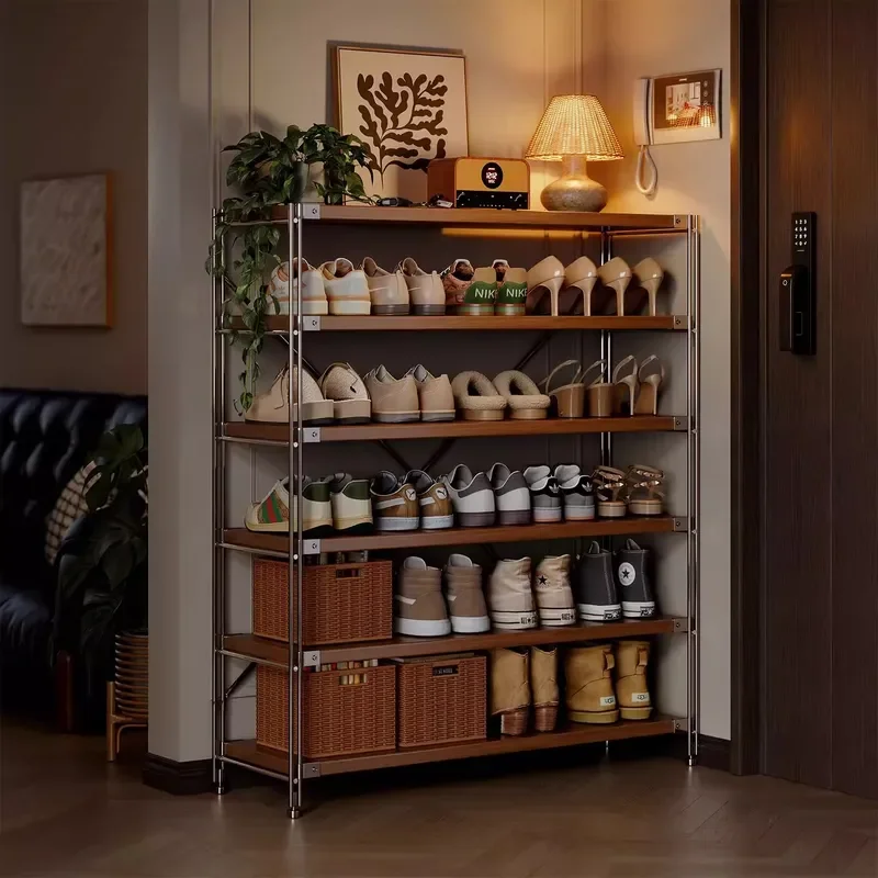 For Multi-layer Shoe Rack Stainless Steel Entryway Storage Shelf Mid-century Antique Style Space Saving Cabinet for Small