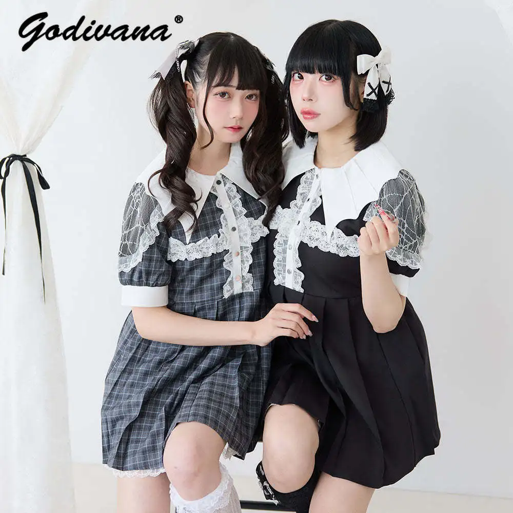 

Japanese Mine Lace Spliced Short-sleeved Dress 2024 Spring Summer Lolita Women Girls Bat Collar Cute Pleated Short Dress