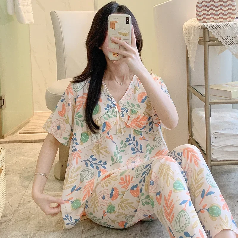 Short Sleeve Floral Print Woman Satin Pajama Sets Ensembles 2 Piece Two Piece Pants Outfit Lounge Women Pijama Pajama Pj