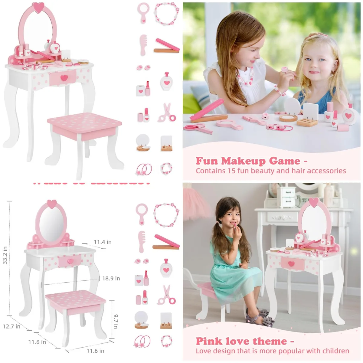 

Kids Vanity Set with Mirror, 15-Piece Makeup Accessories, Storage Drawer, Pink Table & Chair Set