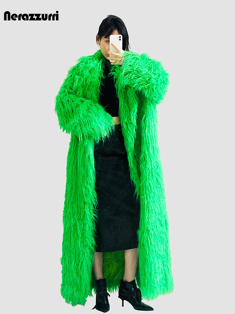 Nerazzurri Winter Long Oversized Bright Green Hairy Thick Warm Soft Faux Fur Coat Women Sashes Loose Casual Furry Overcoat 2023