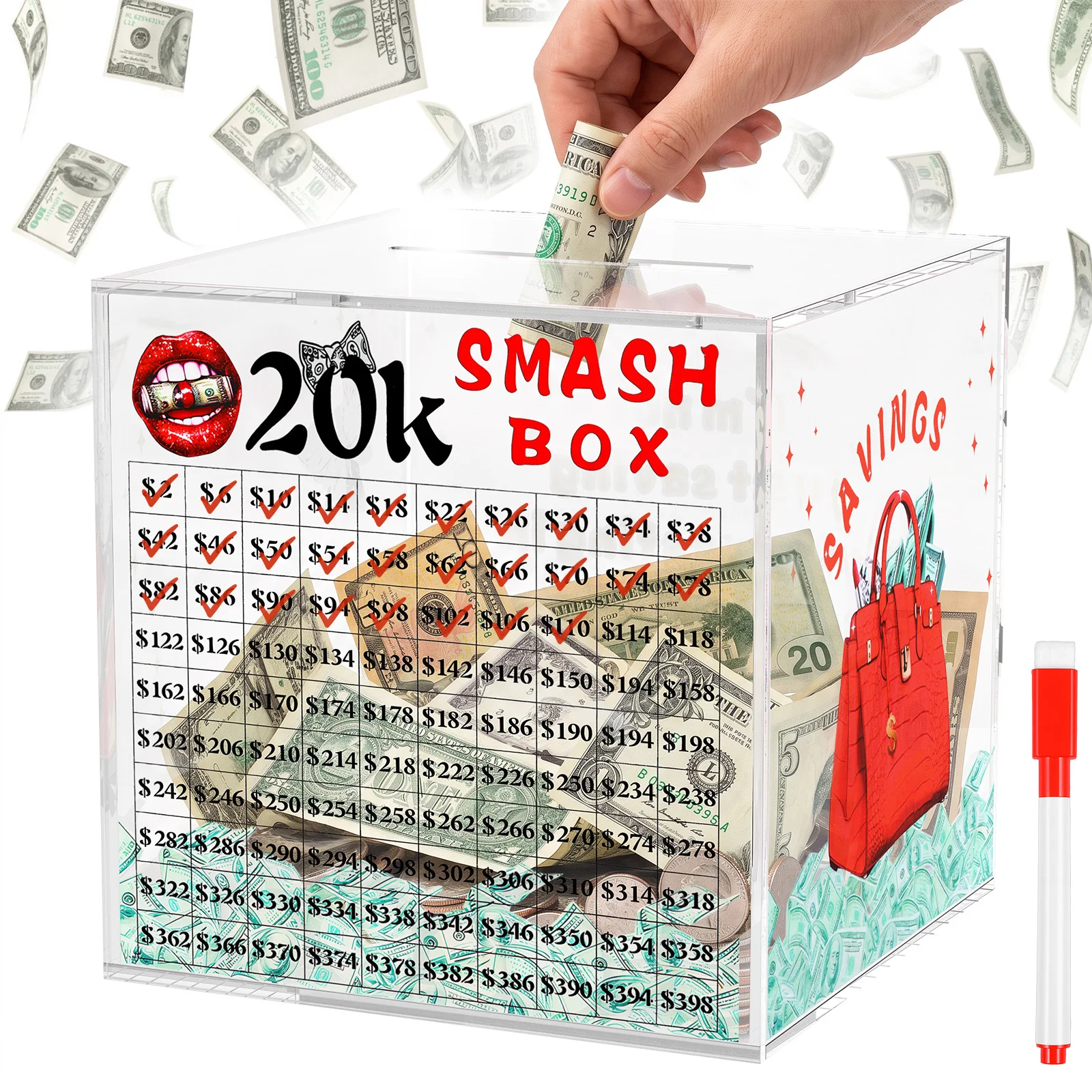 Clear Acrylic Savings Box Large Capacity for 20000 Savings Challenge Money Saving Box Coin Banknote Piggy Bank