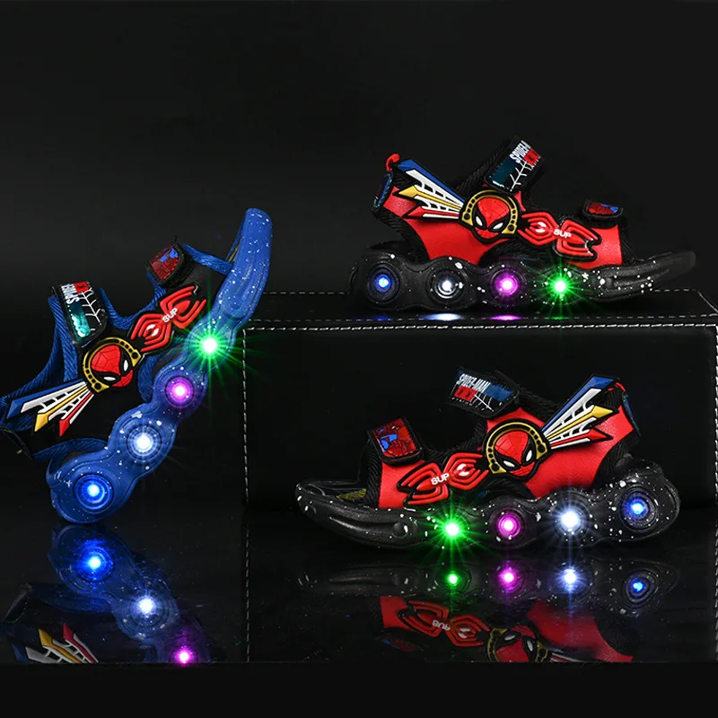 Disney Children Led Light Sandals Boys Cartoon Spiderman Beach Shoes Anti-slip Kids Outdoor Shoes Toddler Soft Bottom Sandals