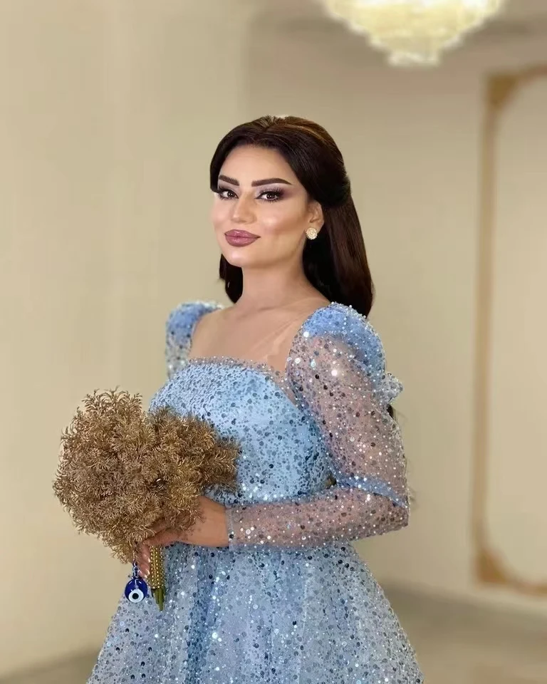 Msikoods Shiny Glitter Sequin Blue Prom Party Dresses Long Sleeves Tea Length Dubai Arabic Women Formal Occasion Gowns