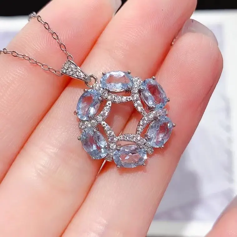 Blue Aquamarine Pendant for Office Woman Solid 925 Silver 4mm*6mm Natural Aquamarine Necklace Pendant Gift for Wife