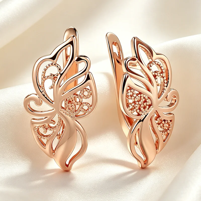 Kinel Einzigartige 585 Roségoldfarbene Tropfenohrringe für Damen, modisch, glänzend, ethnisch, hohle Blumen-Accessoires, täglicher edler Schmuck