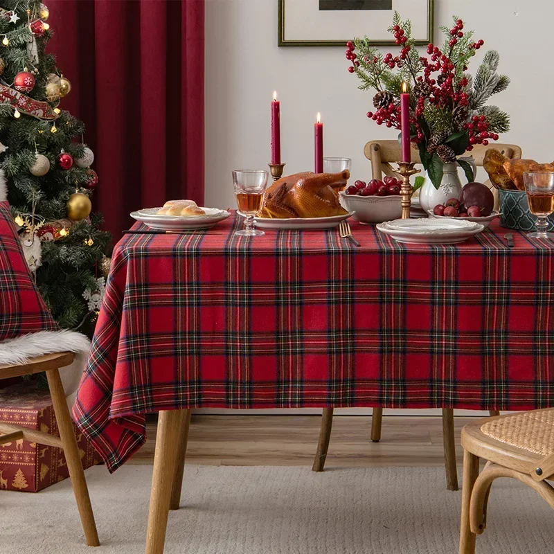 

TB Christmas Red Green Plaid Tablecloth Party Tablecloth Vintage Dining Table Cover for Home Living Room Decoration new year