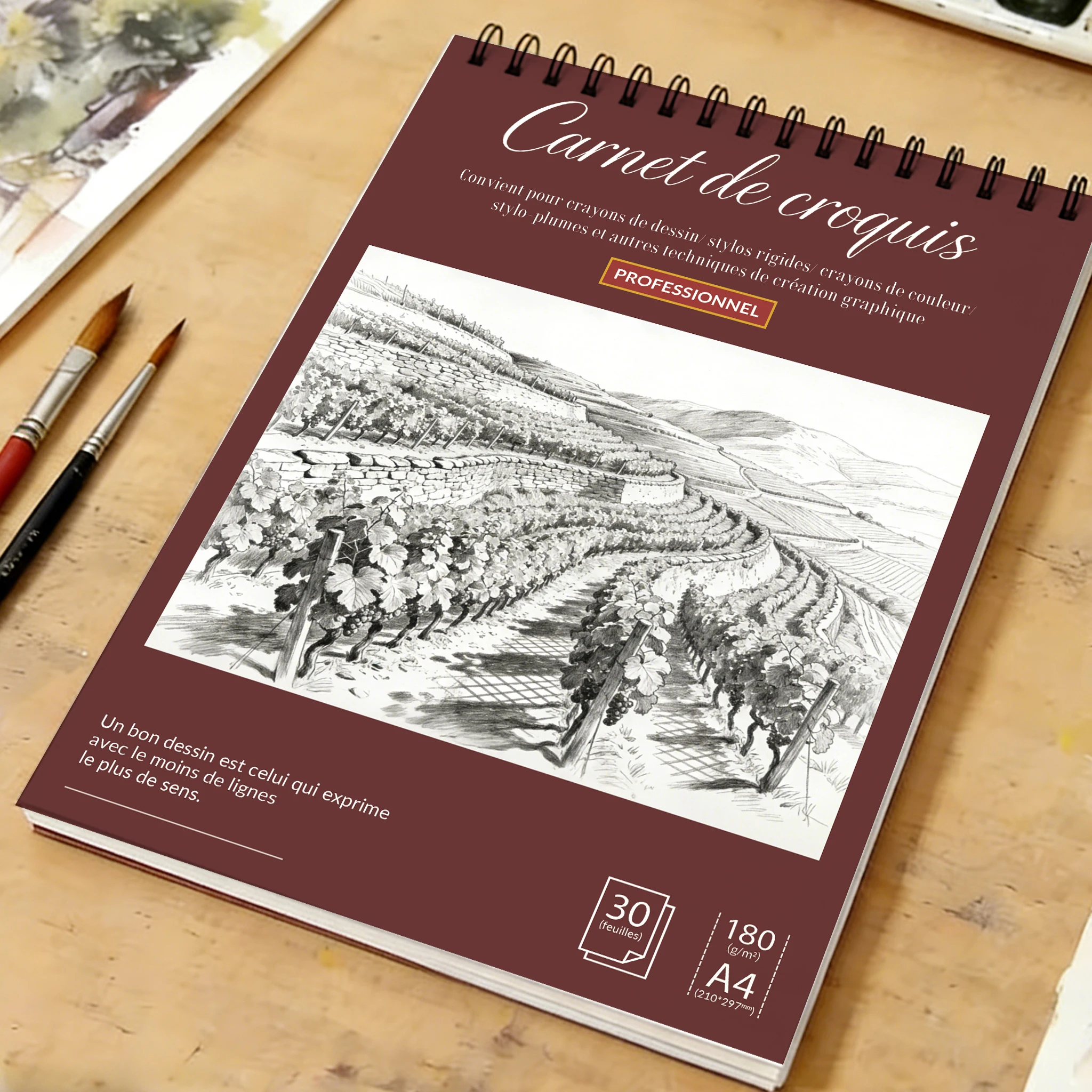 

Альбом для рисования и акварели формата А4 на спирали, бумага плотностью 180 г/м², 30 листов, обложка с изображением виноградника, идеально подходит