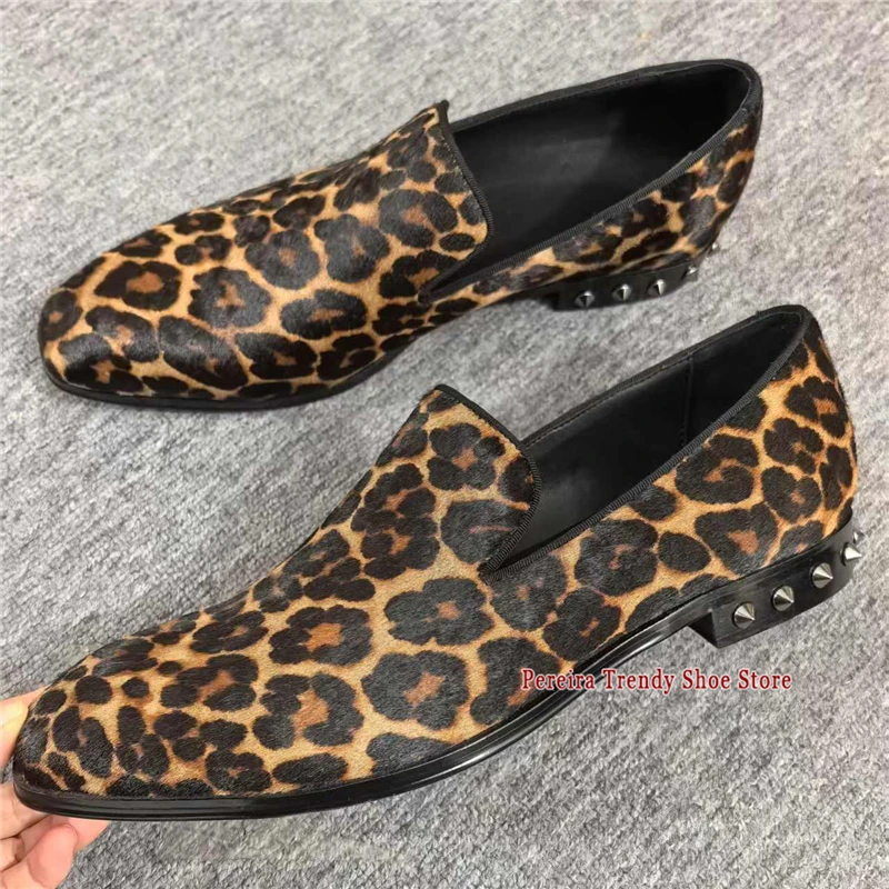 Men's Horse Hair Leopard Print Slip-On Loafers Pointed Toe Rivets Low Heel Casual Shoes Summer New Trendy Party Banquet Shoes