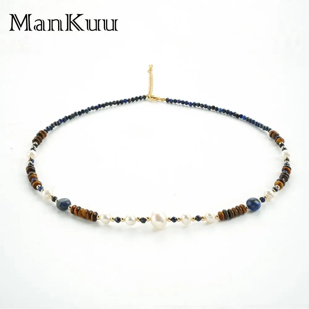 ManKuu Natural Tiger Eye & Lapis Lazuli with Freshwater Pearl Y2K Adjustable Choker Cut Facted Beaded Jewelry Necklace for Women