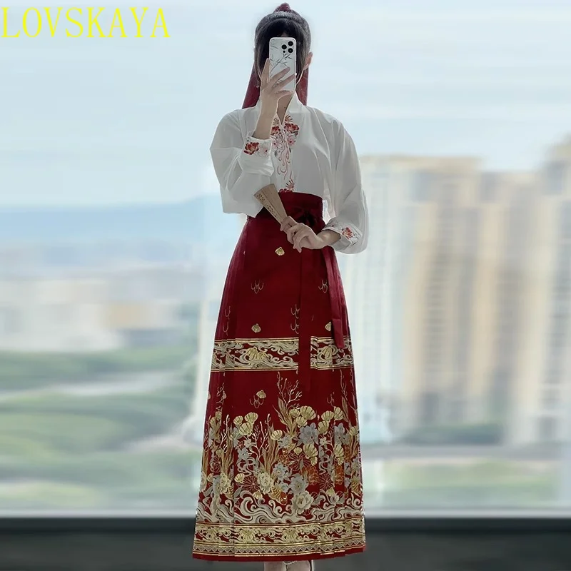 Hanfu ย้อนยุคชุดจีนโบราณเสื้อปักกระโปรงหน้าม้าของผู้หญิง