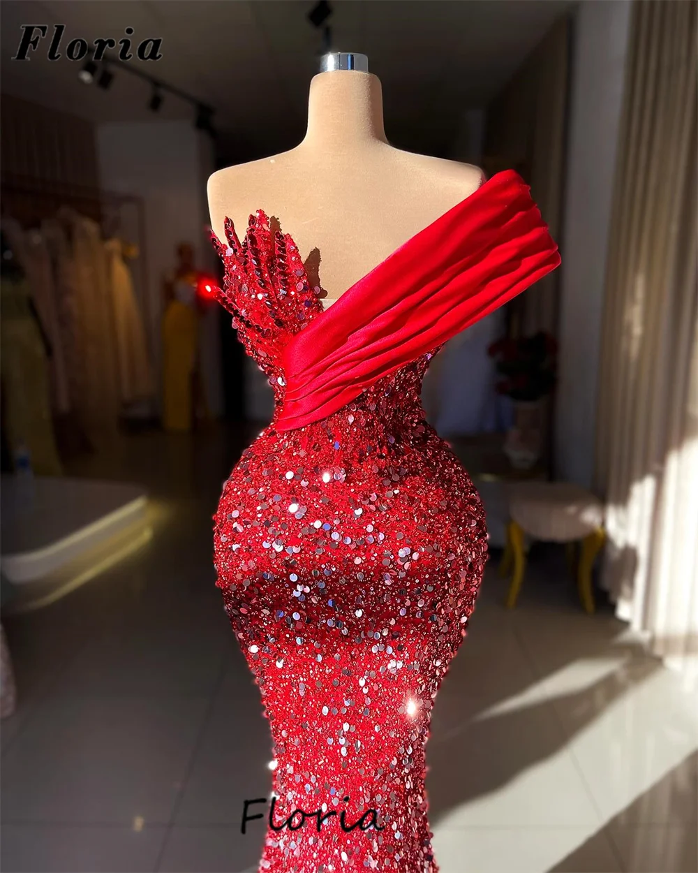 African Red Sequins Evening Dresses Elegant Dubai Coutures One Shoulder Party Dress With Weddings Beading Prom Gowns 2024 Robes