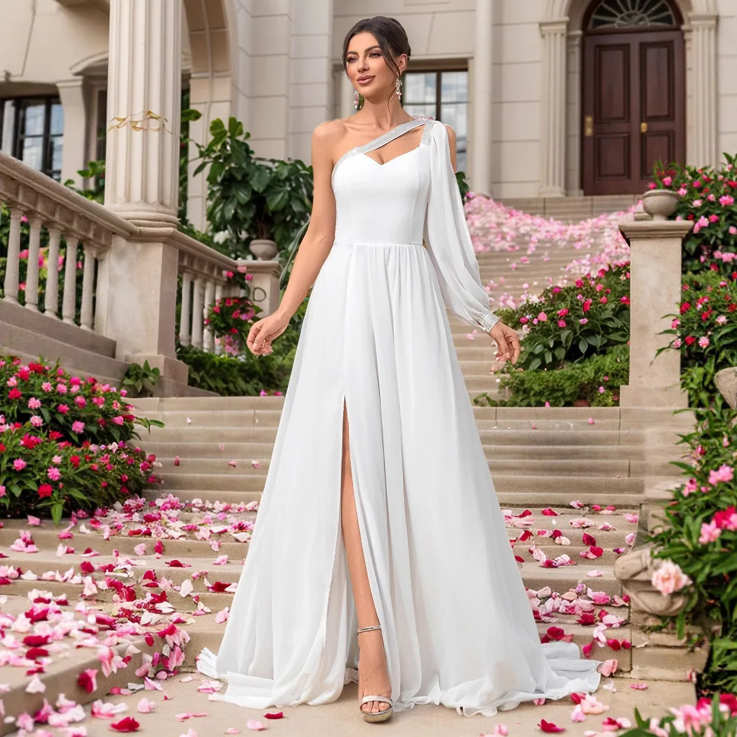 

New Chiffon One-shoulder Sleeve Dress for Banquet Wedding Bridesmaid Evening Gown Femme 2025 Summer Dress Robe Vestido Women