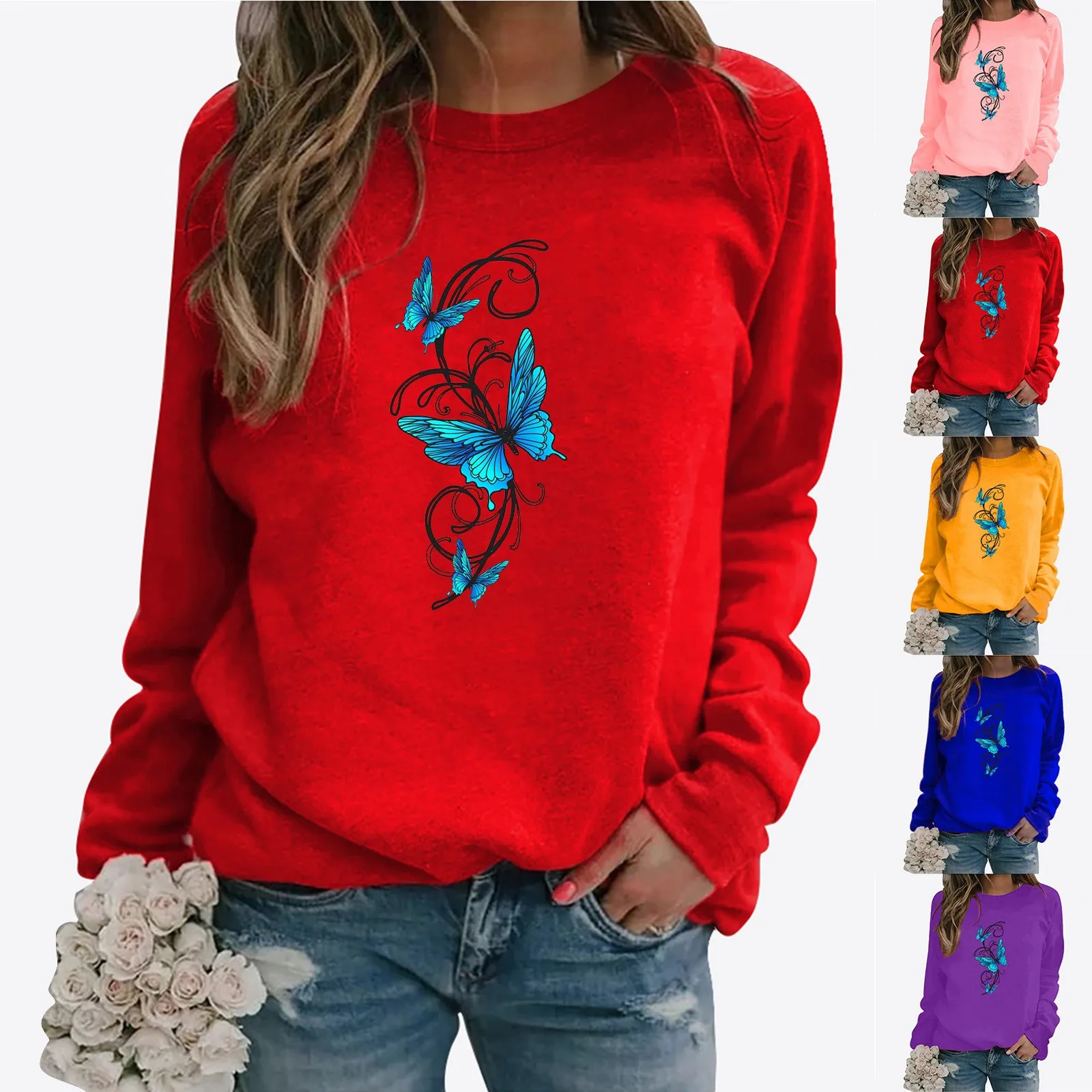 

Women's Butterfly Print Casual Fashion Sweatshirt Top Hoodie Women Warm Distressed Pullover Leggings Sweatshirt Women