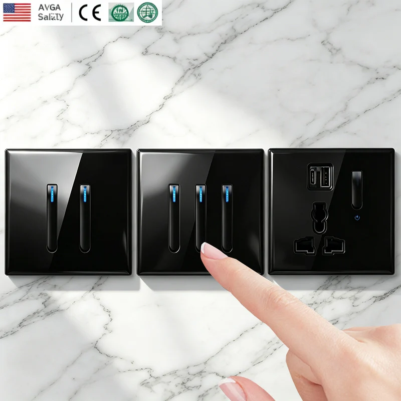 Wall Lamp Toggle Retro Switch Panel Tempered Glass Key Self-Resetting Wall Switch Socket, UK EU Universal USB Charging Socket