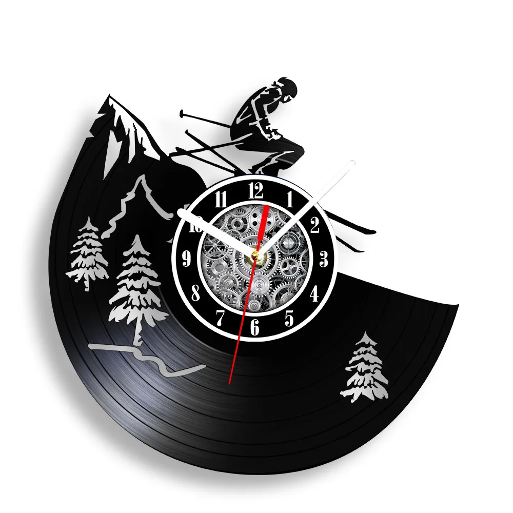 Alpine Downhill Skiing Carved Gramophone Music Record Clock Winter Sports Skier Home Decor Super Giant Slalom Retro Wall Clock