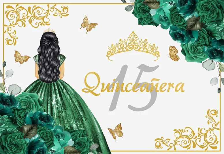 Fondo de quinceañera Mis Quince 15 Anos decoraciones de fiesta de cumpleaños para niña princesa verde esmeralda Floral corona dorada mariposa
