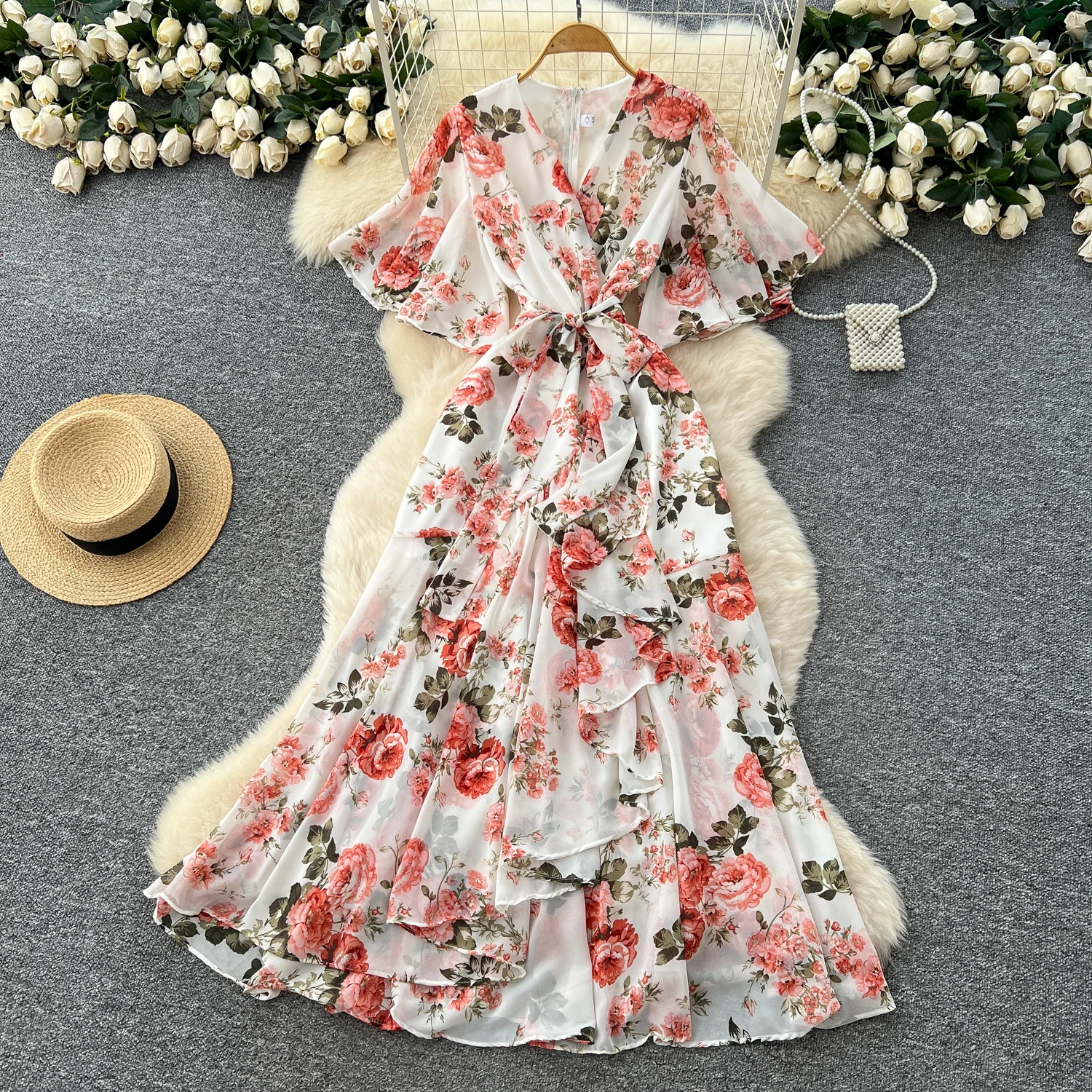 Elegancka sukienka w stylu vintage z dekoltem w serek, asymetryczna, dopasowana, w stylu koreańskim, boho, długa sukienka letnia dla kobiet.