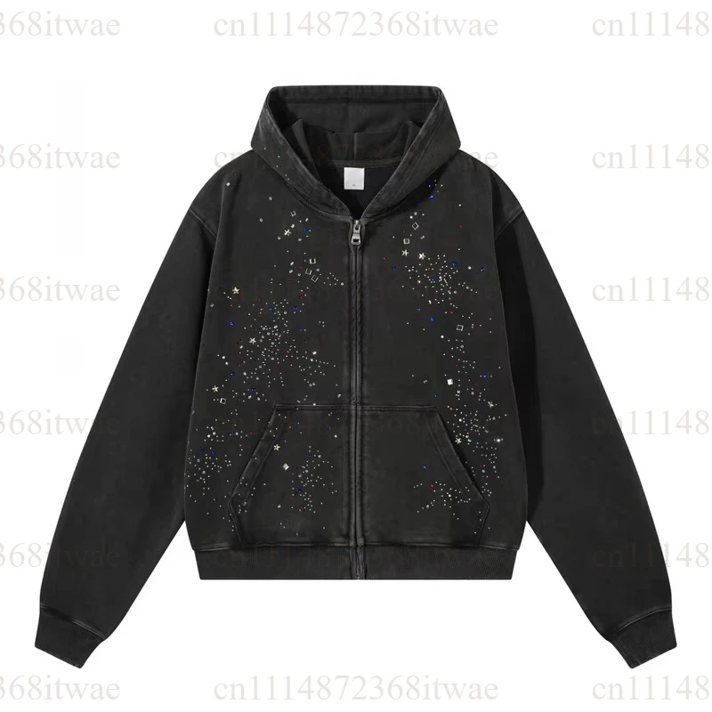 Unisex 2026 New American‑Style Vintage Hoodie Snow‑Washed Rhinestone Decor Trendy Casual Outer Jacket for Streetwear